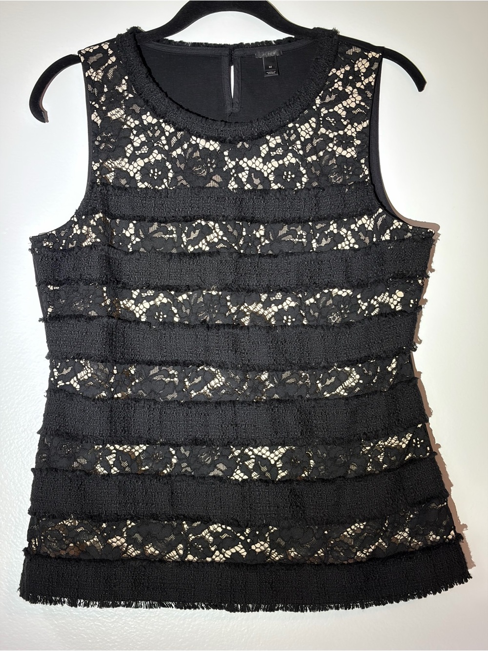 J Crew Black Lace Line Panel Round Neck Top Size M